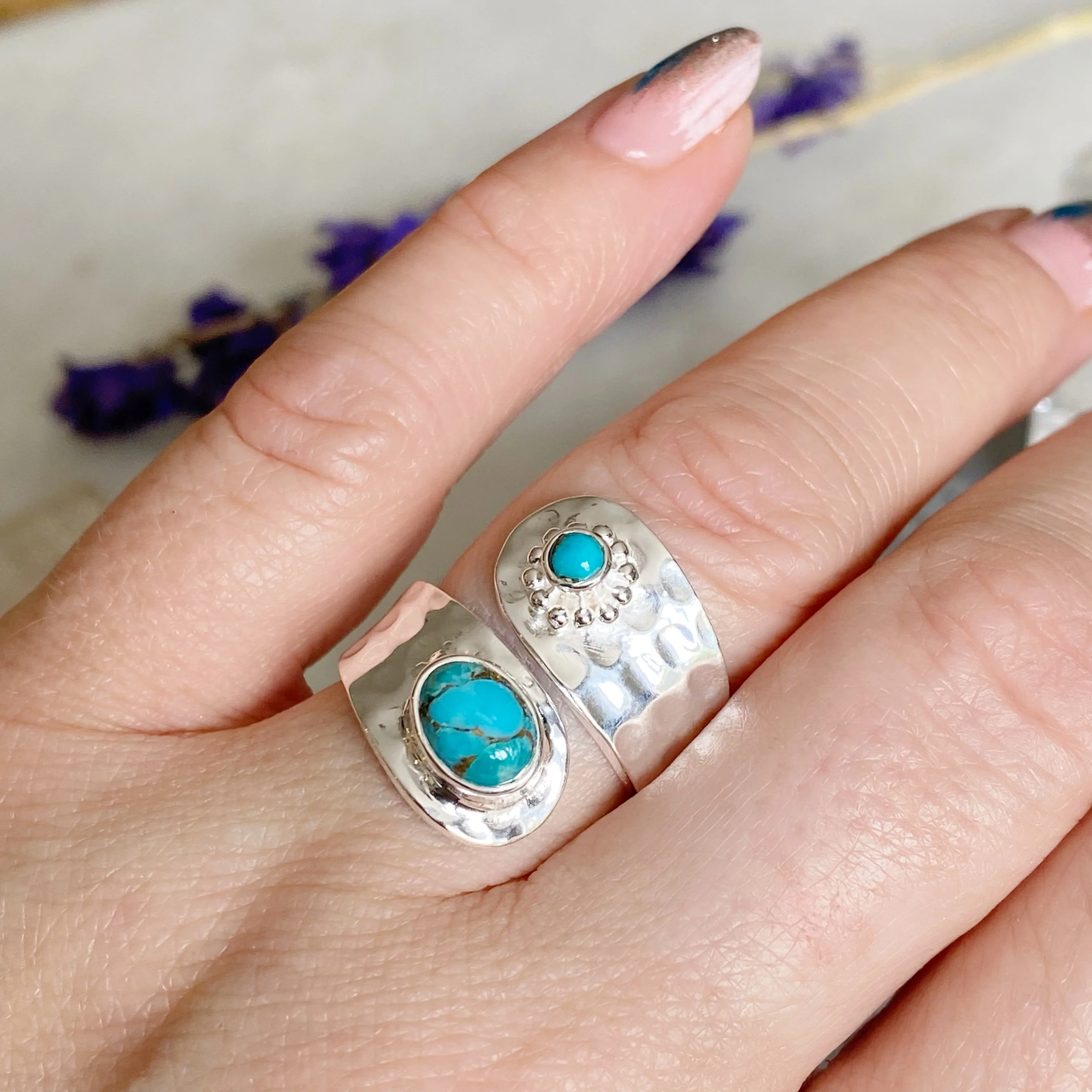 Cayo-Turquoise Silver Hammered Wrap Around Ring -Pre order for Mid February Dispatch - Image 4