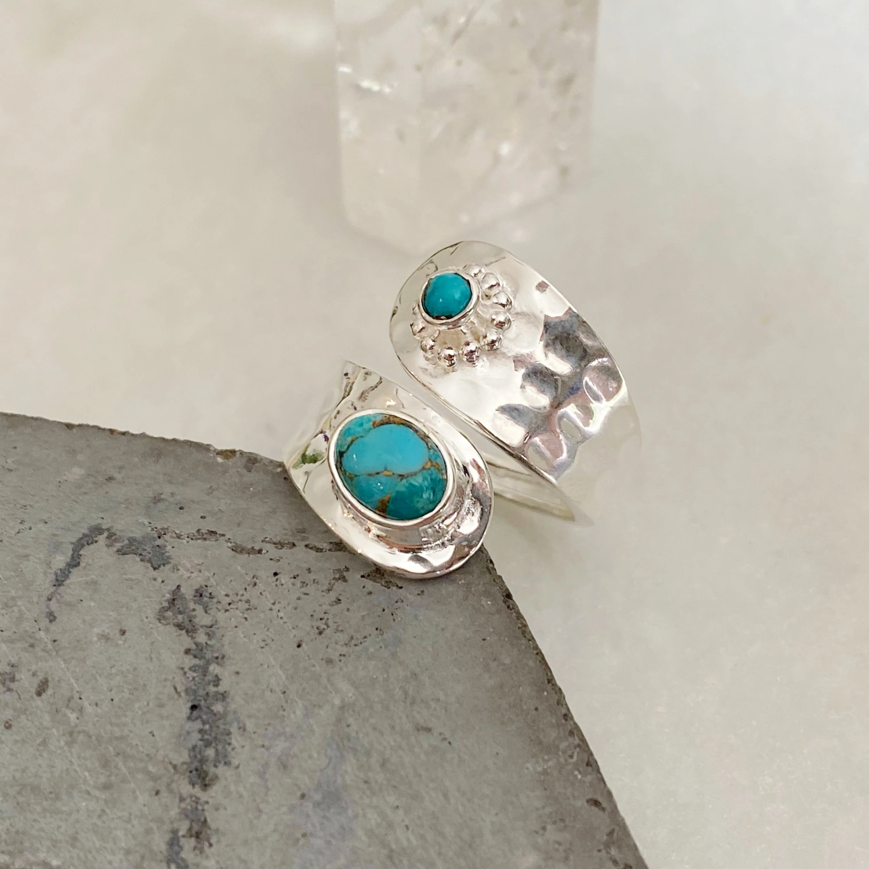 Cayo-Turquoise Silver Hammered Wrap Around Ring -Pre order for Mid February Dispatch - Image 6