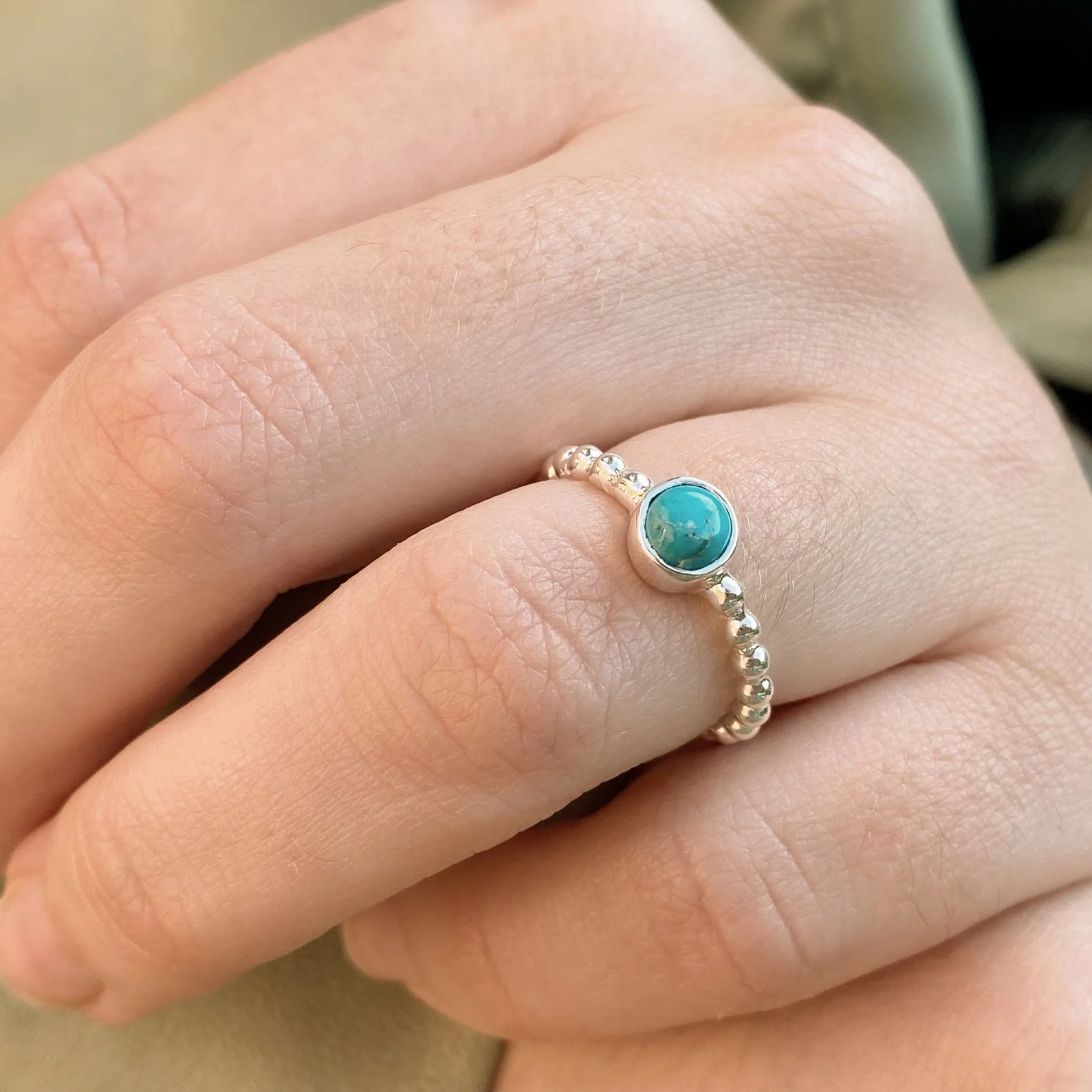 Maya -Turquoise Beaded Stackable Silver Ring - Image 6