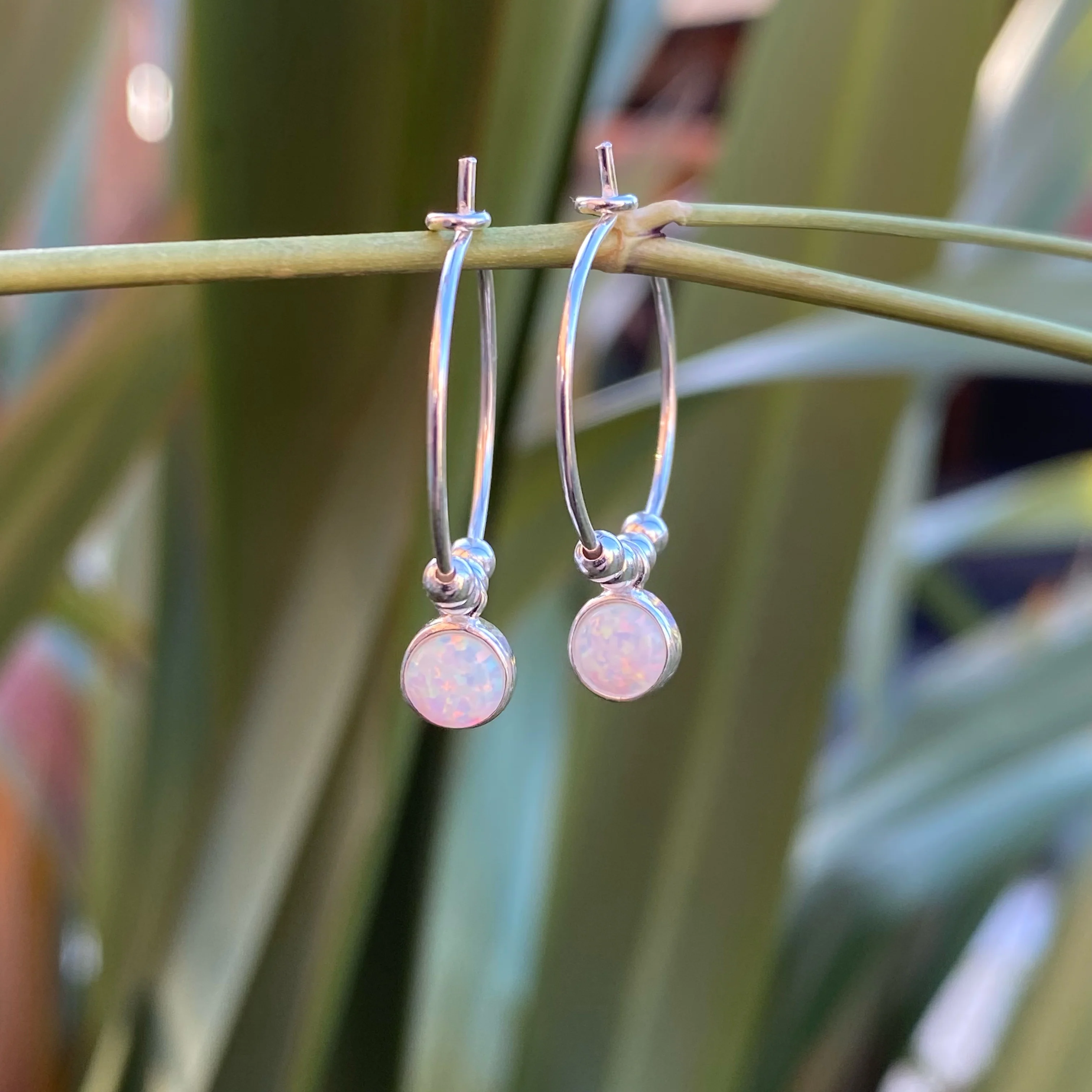 Small White Opal Silver Hoop Earrings - Image 4