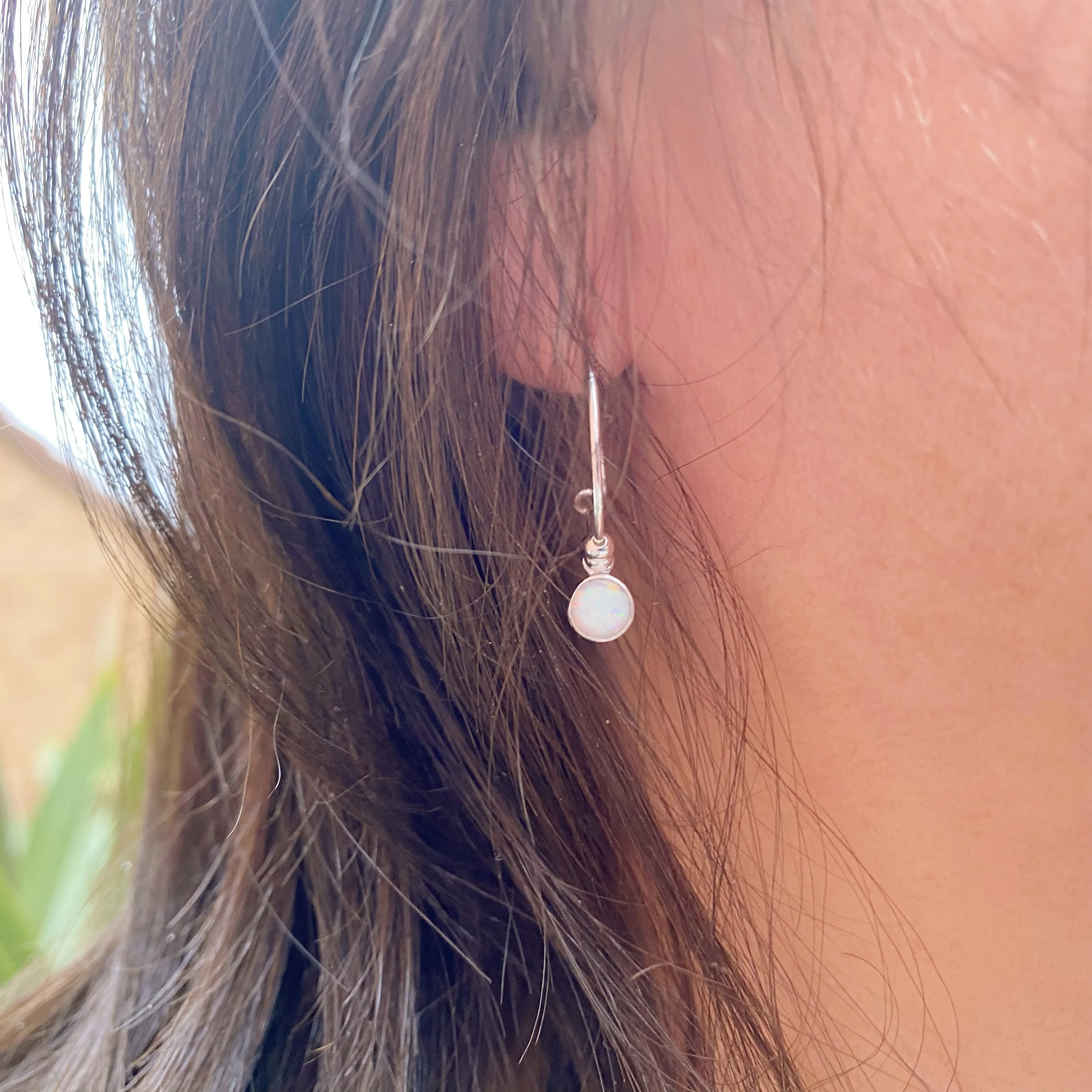 Small White Opal Silver Hoop Earrings - Image 5