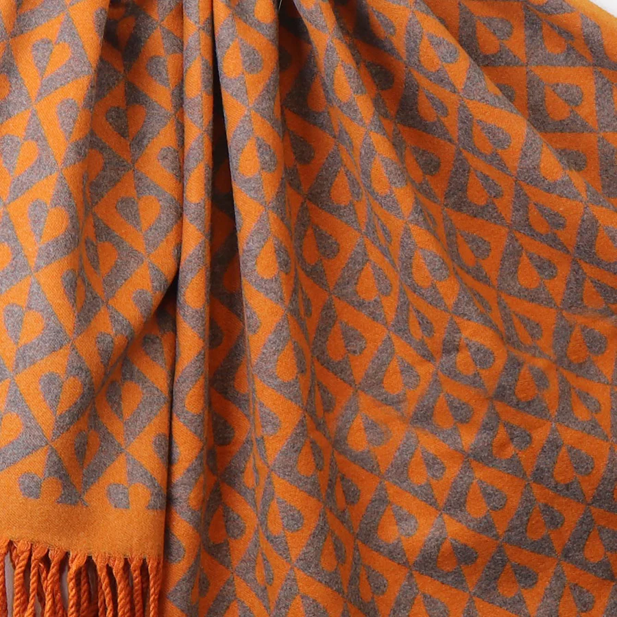 Orange Geo Heart Jacquard Scarf & Tassels - Image 3